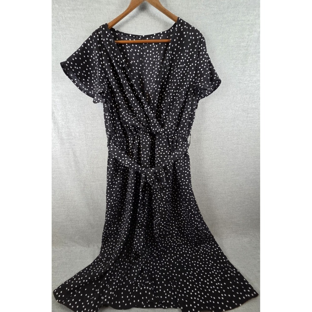 Shein Black White Polka Dot Dress XL Belted A Line Flowy Whimsigoth Deep V Fairy